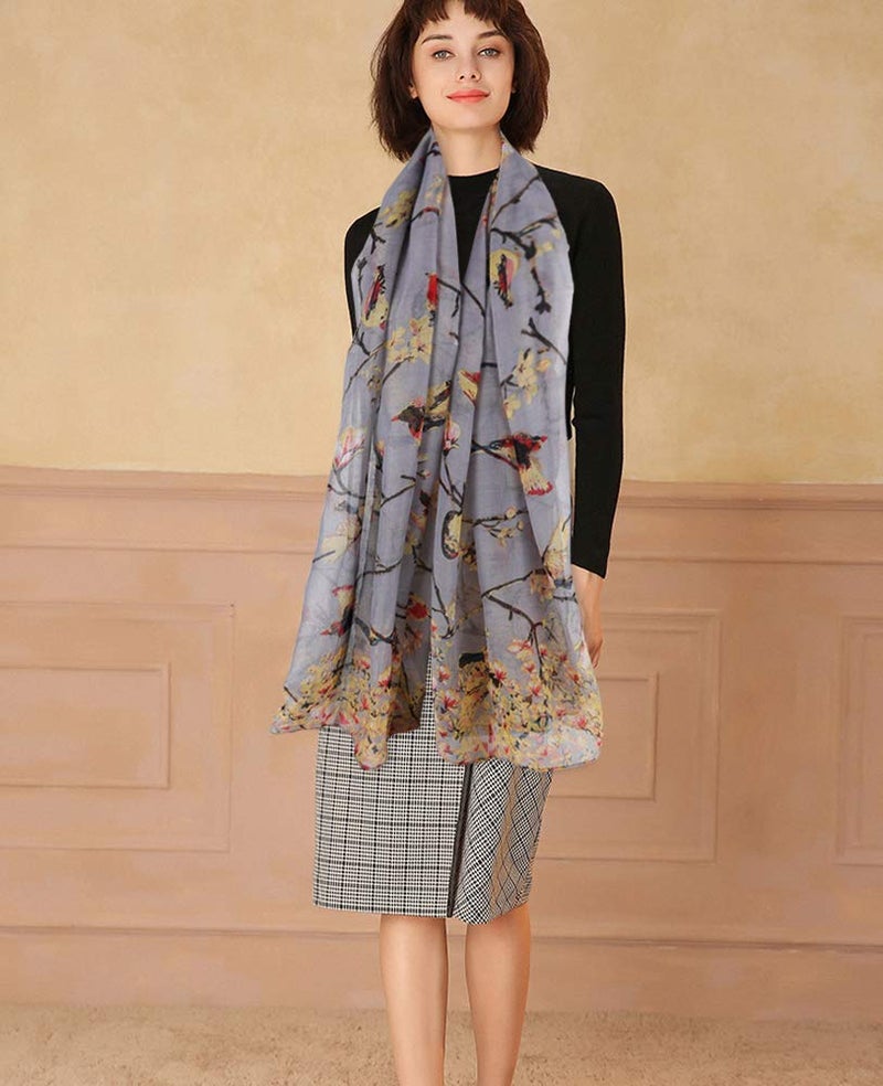 GERINLY Floral Birds Work Scarves for Womens Lightweight Cotton Shawls and Wraps Soft Thin Neckwear Head Scarf (Grey) - Image 3